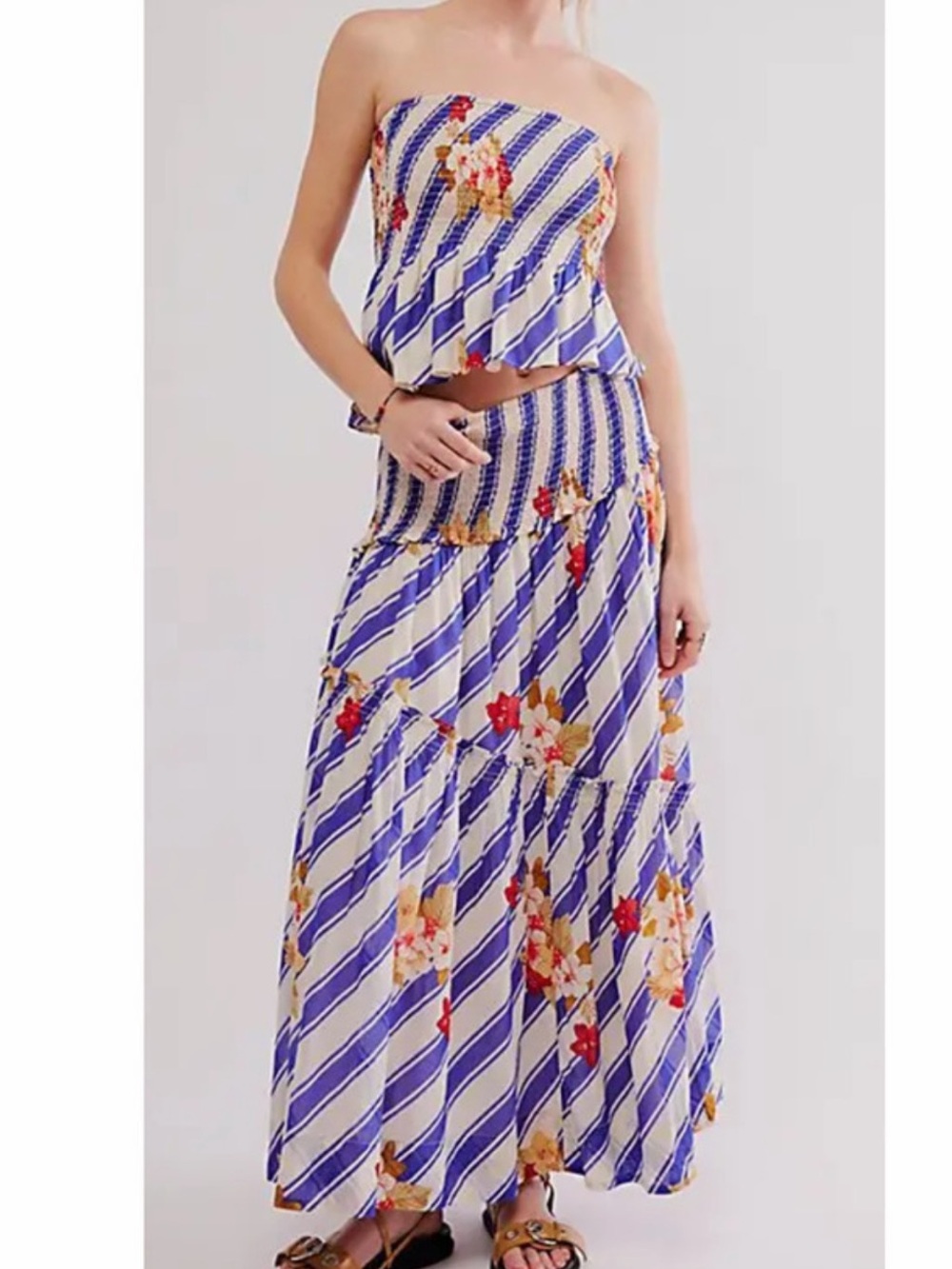 Free People Blue and White Striped Floral Maxi Skirt